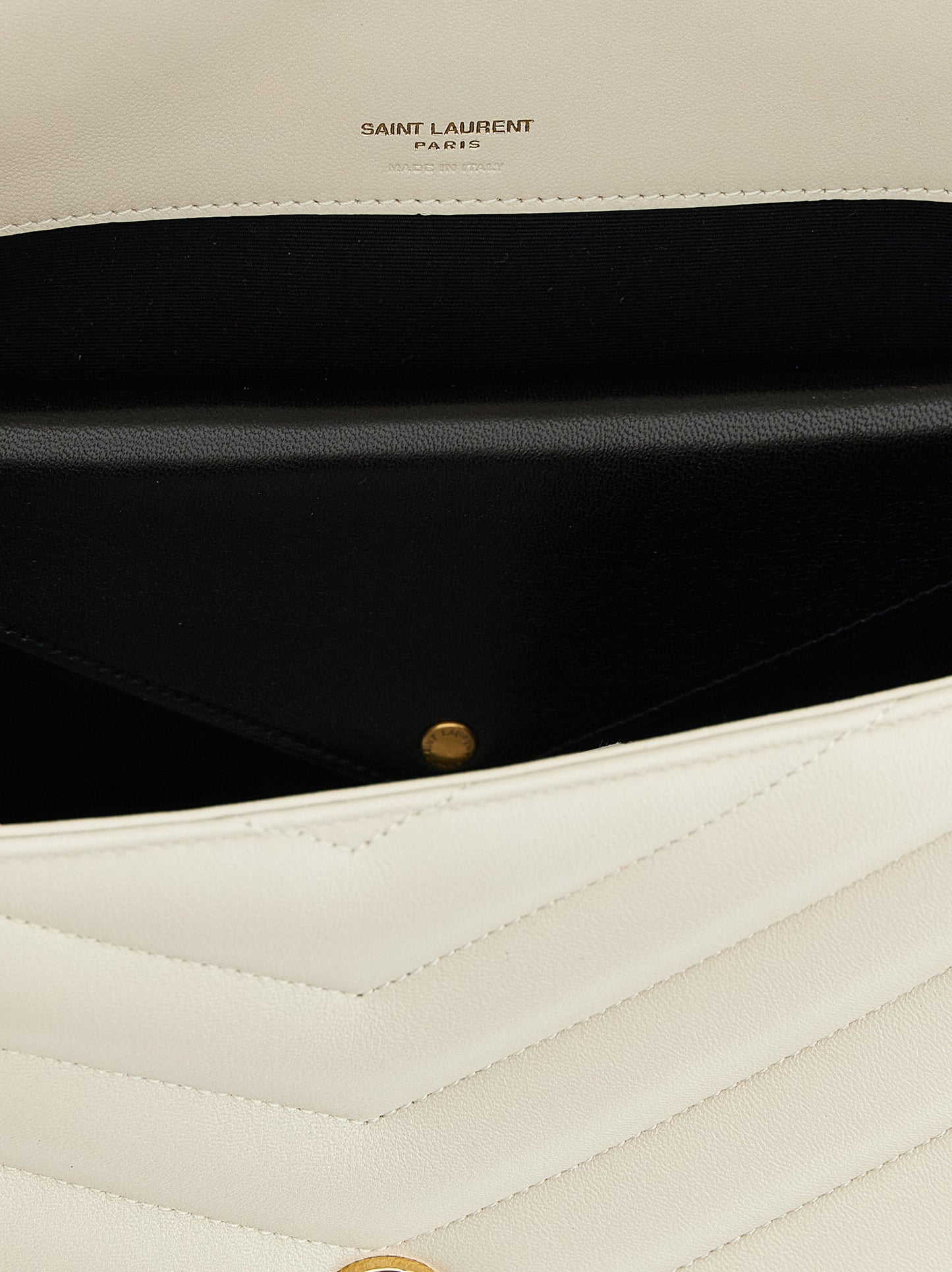 Large Shoulder Quilted Flap Clutch Bag by Saint Laurent for women in polyester cotton & lamb leather beige & chevron features a distinguished silhouette, showcasing a secure flap & magnetic and distinguished with versatile shoulder-strap for a distinguished finish.