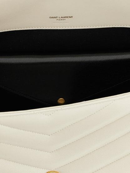 Large Shoulder Quilted Flap Clutch Bag by Saint Laurent for women in polyester cotton & lamb leather beige & chevron features a distinguished silhouette, showcasing a secure flap & magnetic and distinguished with versatile shoulder-strap for a distinguished finish.