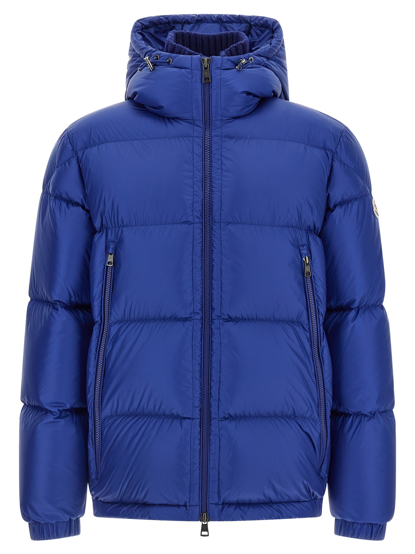 Hooded Puffer Jacket by Moncler for men in polyamide wool & goose-down blue & signature features a dramatic silhouette, showcasing a sophisticated hooded high-neck neckline and distinctive hooded & insulated for a dramatic aesthetic.