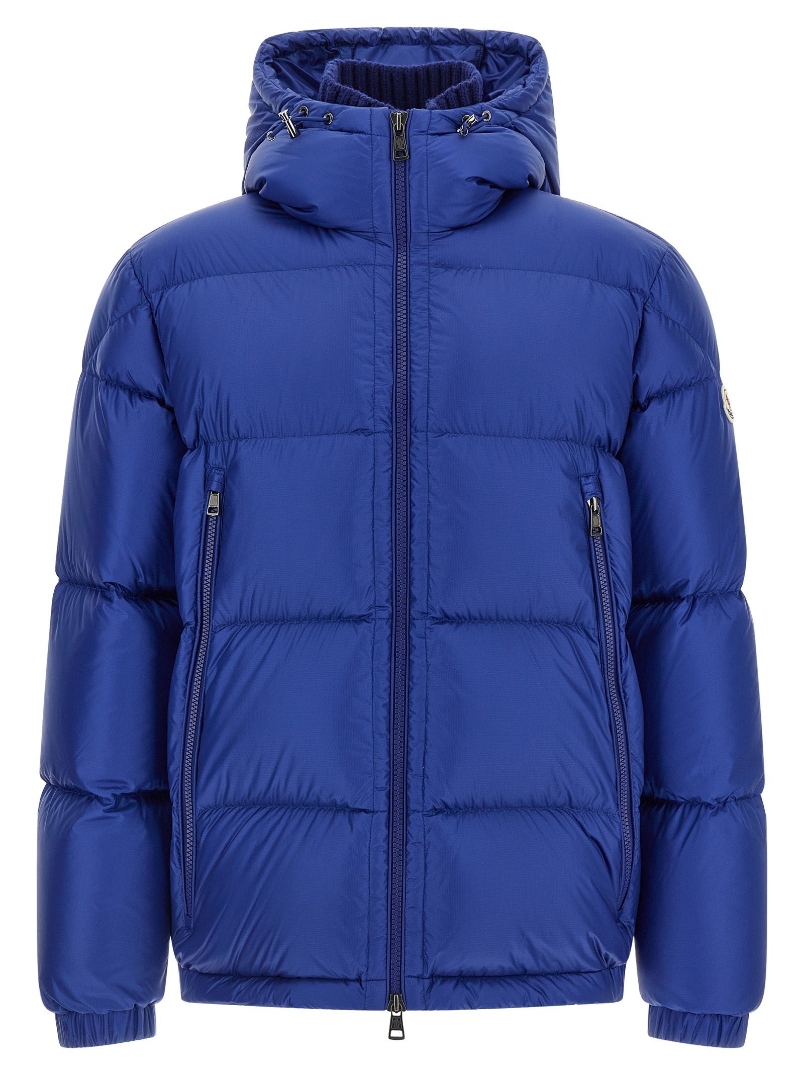 Hooded Puffer Jacket by Moncler for men in polyamide wool & goose-down blue & signature features a dramatic silhouette, showcasing a sophisticated hooded high-neck neckline and distinctive hooded & insulated for a dramatic aesthetic.