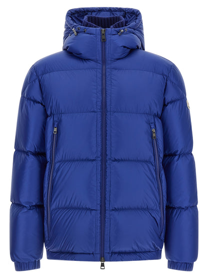 Hooded Puffer Jacket by Moncler for men in polyamide wool & goose-down blue & signature features a dramatic silhouette, showcasing a sophisticated hooded high-neck neckline and distinctive hooded & insulated for a dramatic aesthetic.