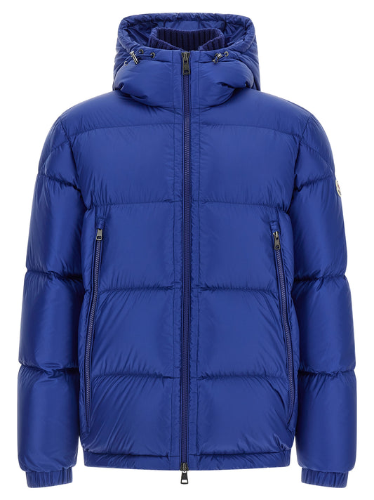 Hooded Puffer Jacket by Moncler for men in polyamide wool & goose-down blue & signature features a dramatic silhouette, showcasing a sophisticated hooded high-neck neckline and distinctive hooded & insulated for a dramatic aesthetic.