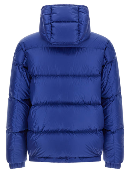 Hooded Puffer Jacket by Moncler for men in polyamide wool & goose-down blue & signature features an contemporary silhouette, showcasing a sophisticated hooded high-neck neckline and contemporary hooded & insulated for a truly refined look.