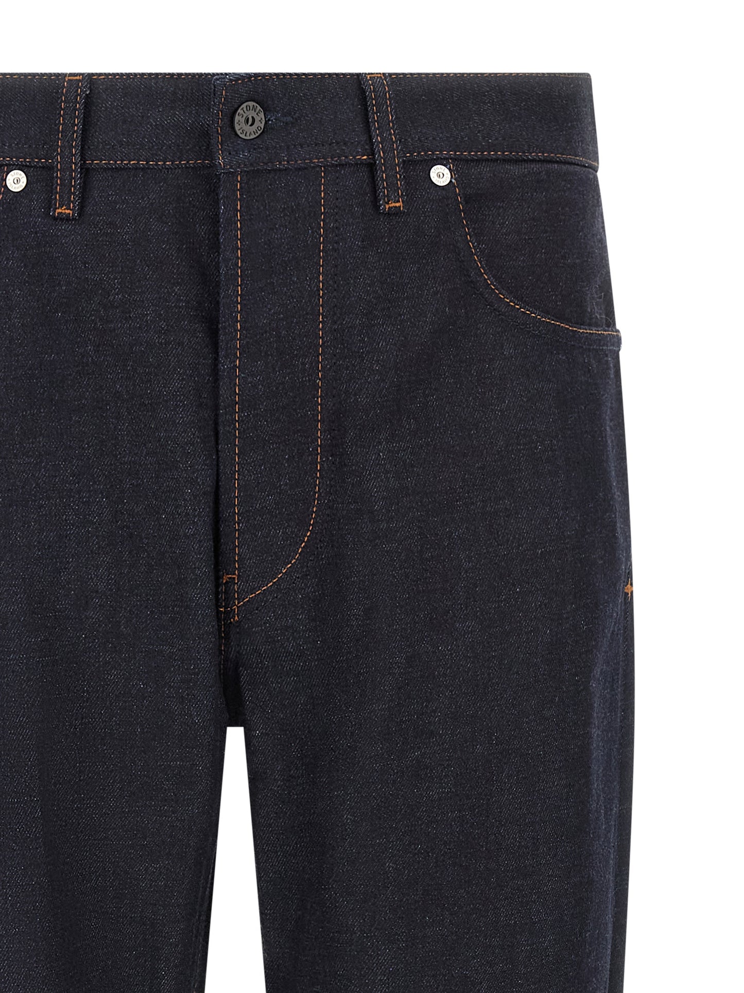 Jeans by Stone Island for men in organic cotton denim blue, indigo & signature presents a tailored silhouette, showcasing a tailored straight-leg and long cut with a refined for a truly tailored aesthetic.