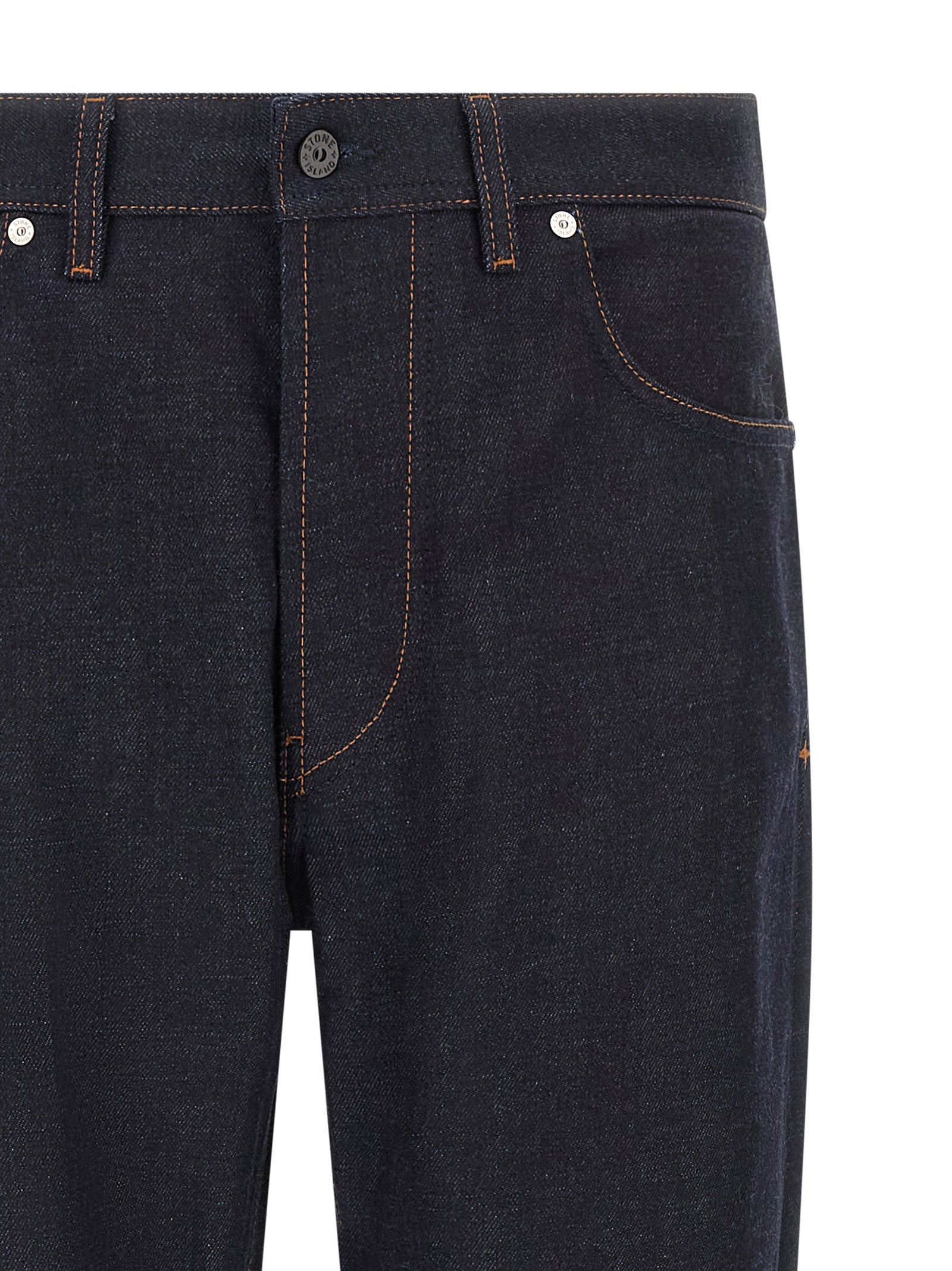 Jeans by Stone Island for men in organic cotton denim blue, indigo & signature presents a tailored silhouette, showcasing a tailored straight-leg and long cut with a refined for a truly tailored aesthetic.
