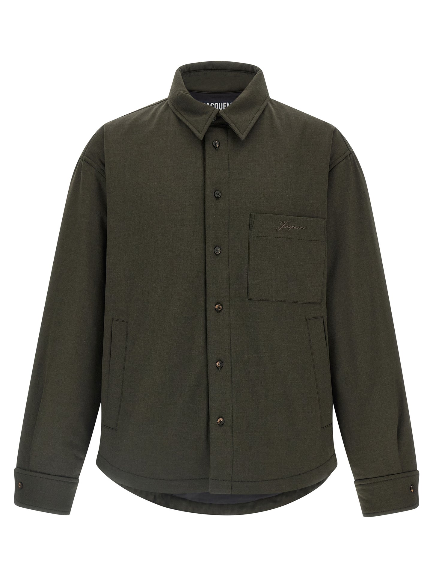 Windbreaker Jacket by Jacquemus for men in virgin wool bicolour, green & signature showcases a modern silhouette, integrating pockets, insulated & windproof and a modern for a sophisticated finish.