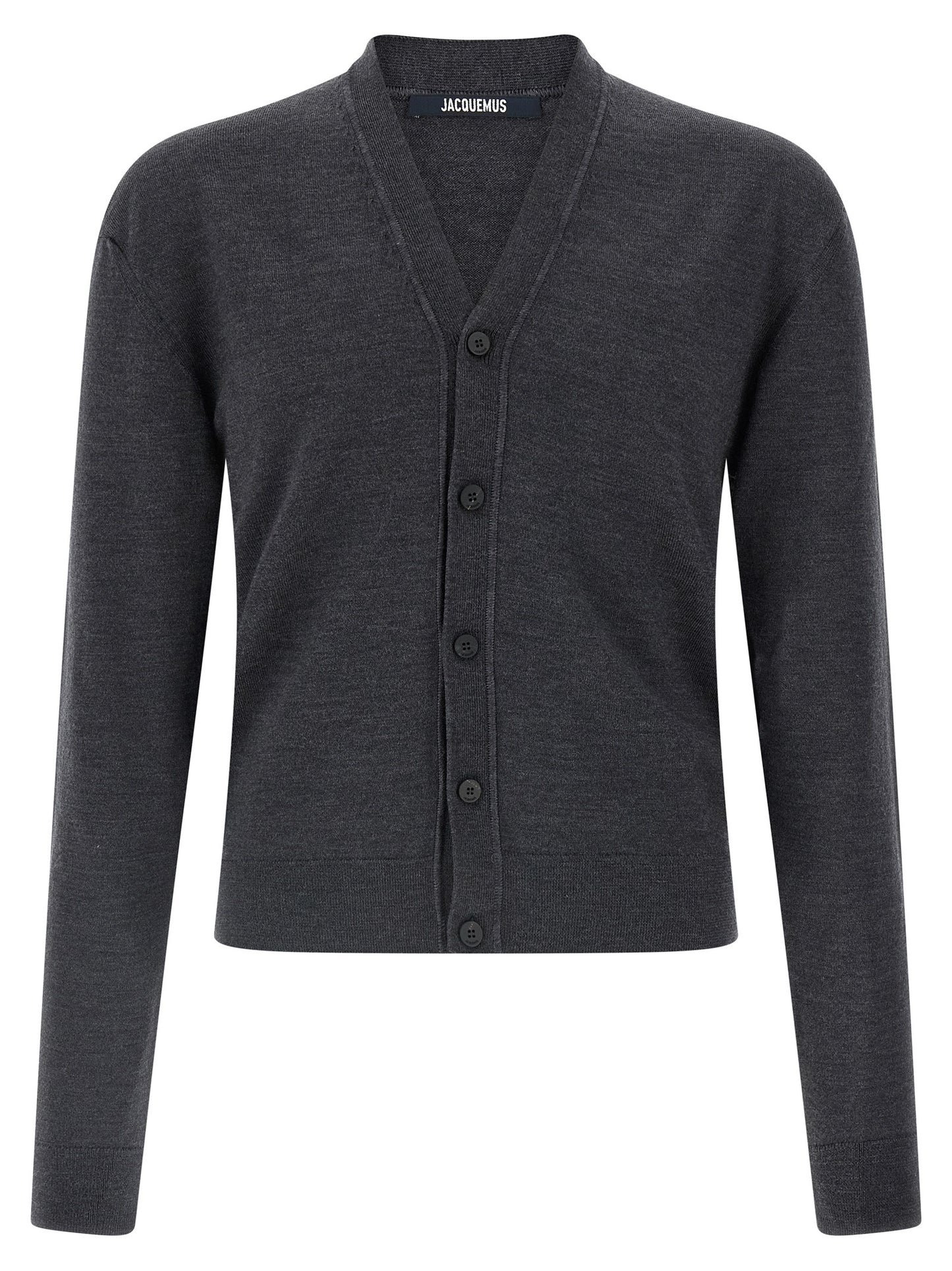 Cardigan by Jacquemus for men in merino wool gray features an crisp silhouette, showcasing a sophisticated wrap v-neck neckline and long-sleeve detail for a truly crisp finish.