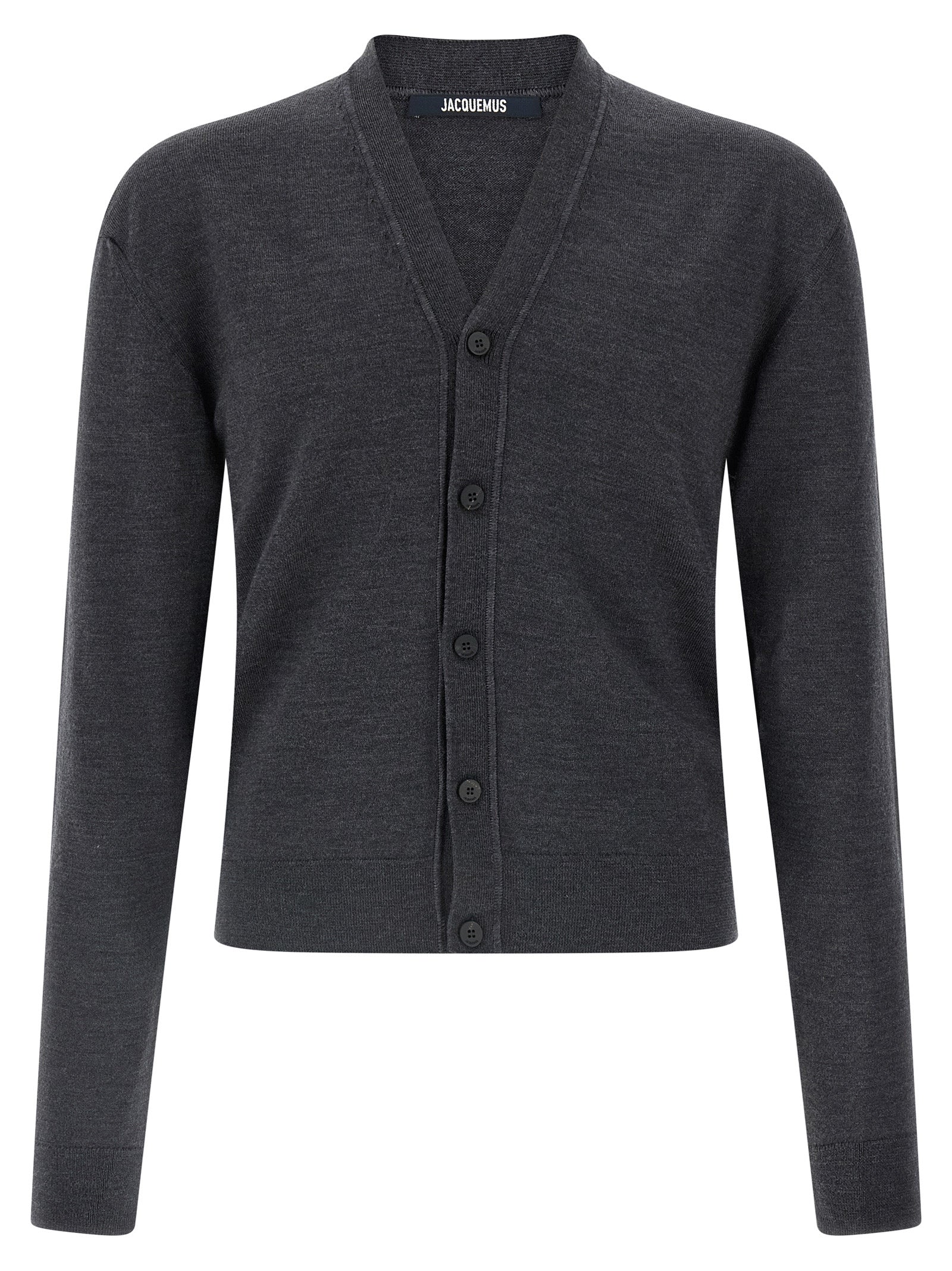 Cardigan by Jacquemus for men in merino wool gray features an crisp silhouette, showcasing a sophisticated wrap v-neck neckline and long-sleeve detail for a truly crisp finish.