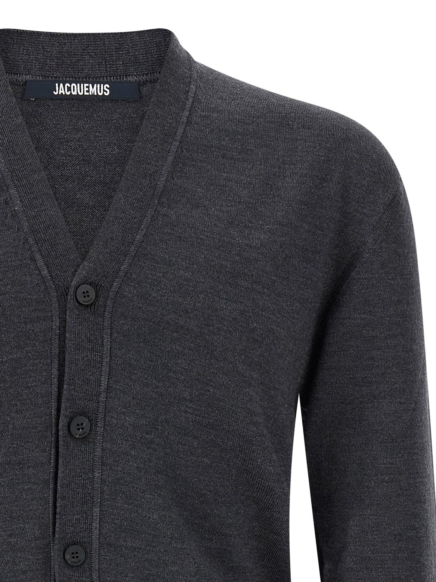Cardigan by Jacquemus for men in merino wool gray showcases a captivating silhouette, artfully detailed with a captivating and wrap v-neck neckline for a truly sophisticated captivating look.