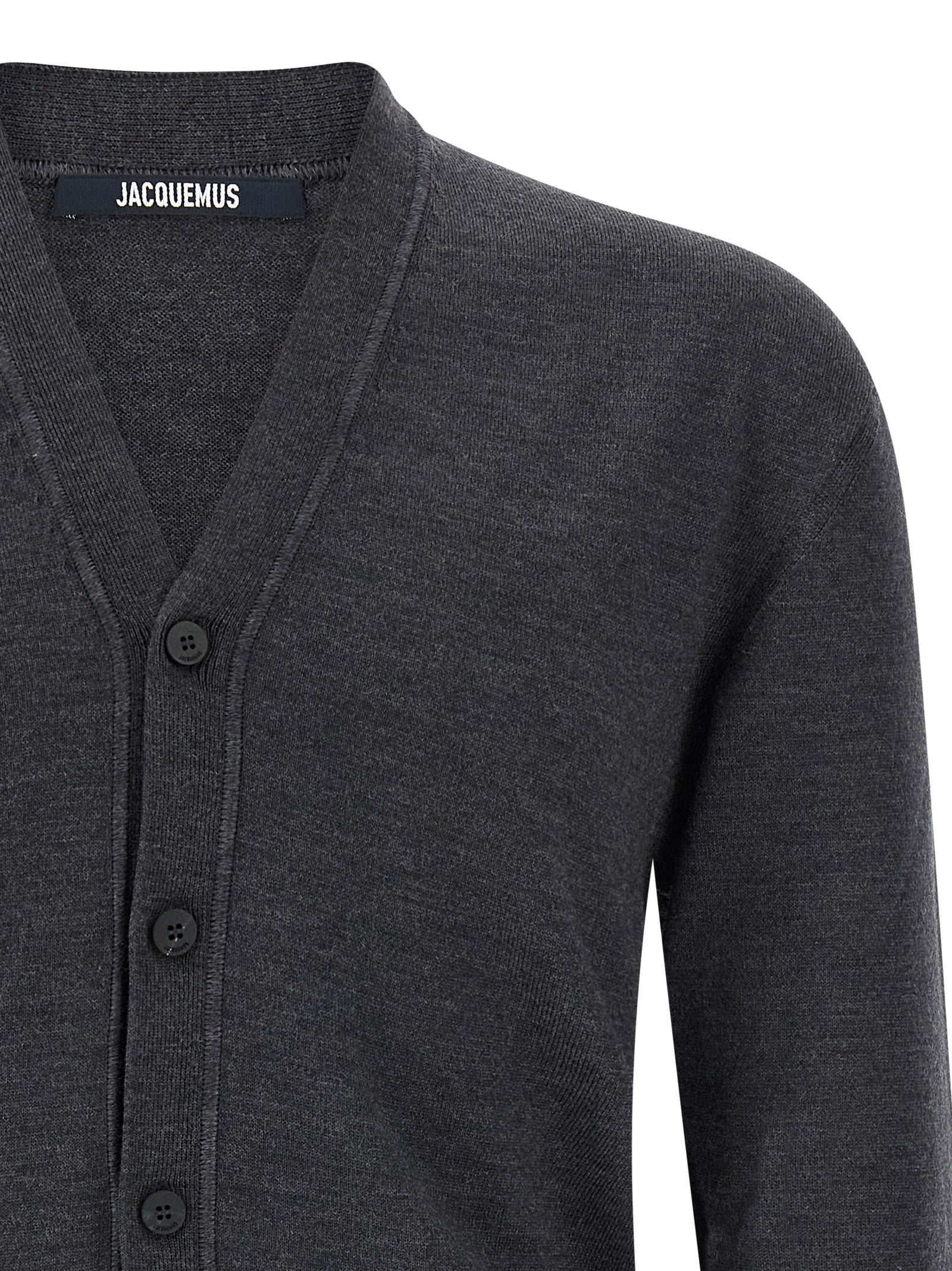 Cardigan by Jacquemus for men in merino wool gray showcases a captivating silhouette, artfully detailed with a captivating and wrap v-neck neckline for a truly sophisticated captivating look.