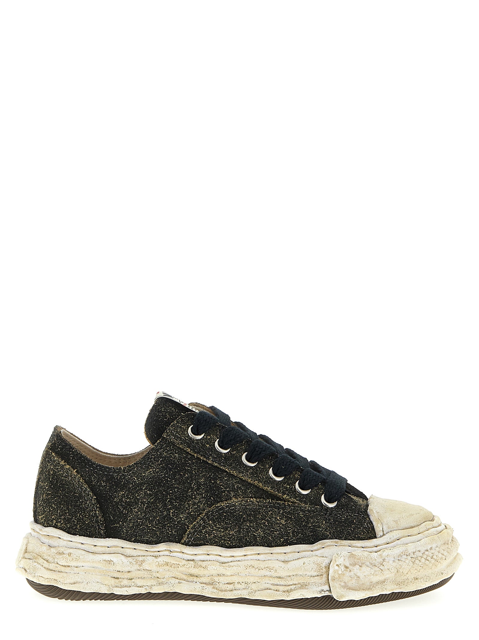 Sneakers by Maison Mihara Yasuhiro for men in bos taurus suede cowhide leather black presents a sumptuous silhouette, artfully capturing the essence of the Men's Low Top Bos Taurus Suede Cowhide Leather Sneakers with its sumptuous low-top style design.