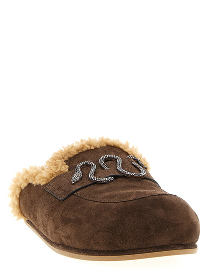RENE CAOVILLA Women's Suede Calfskin Leather & Crystal Sliders Flat Shoes - Brown