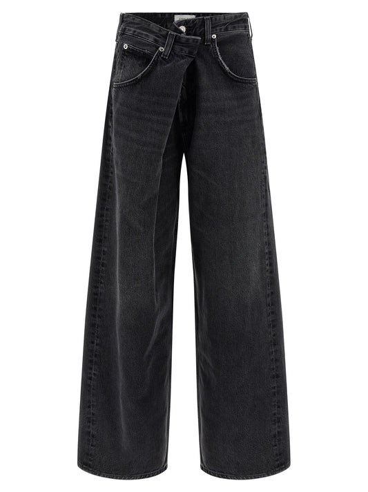 Jeans by Agolde for women in denim cotton black features an sartorial relaxed-fit & wide and long with a cut for a sartorial finish.