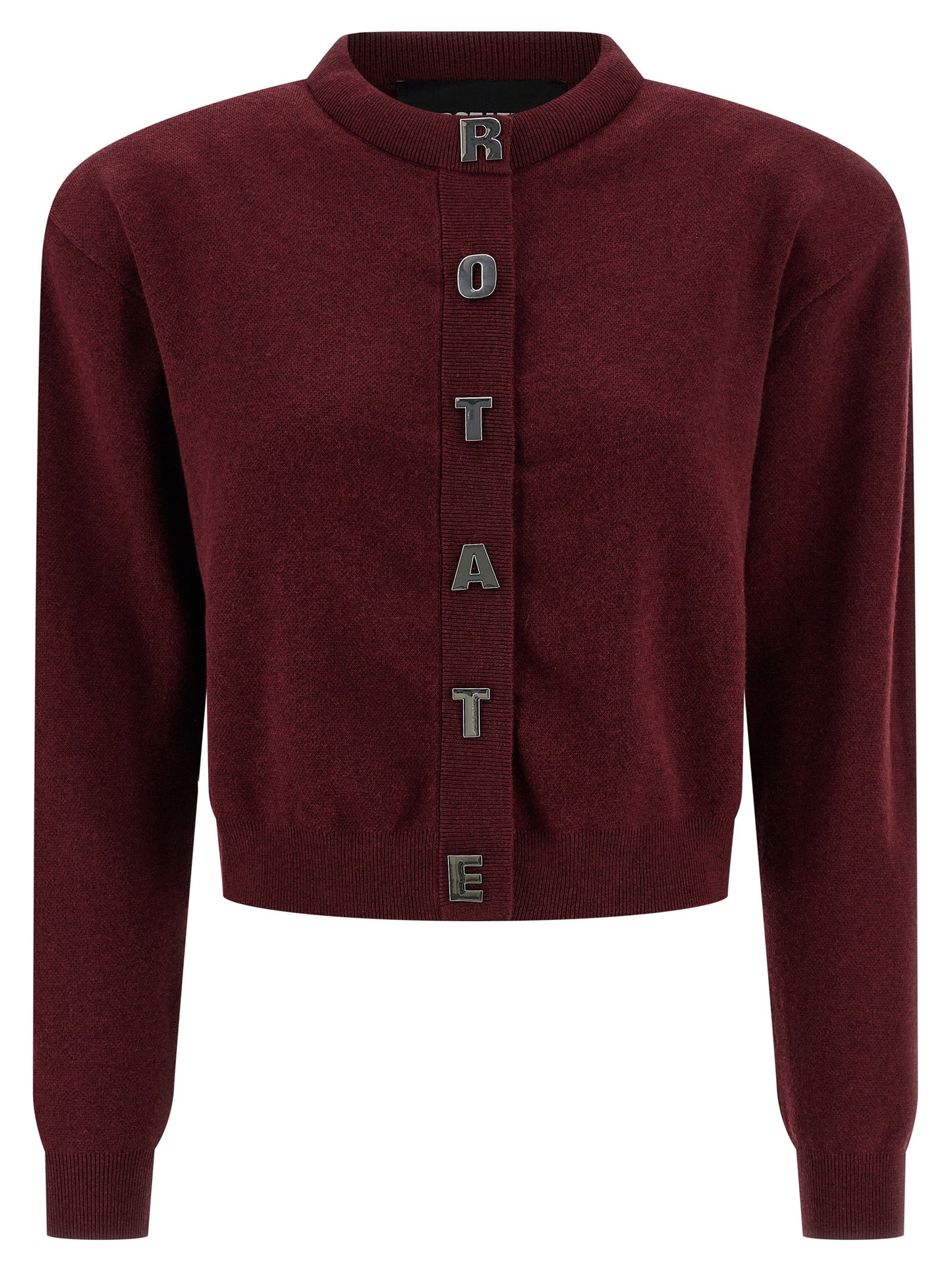 Cardigan by ROTATE BIRGER CHRISTENSEN for women in cashmere cotton blend bordeaux showcases a captivating silhouette, artfully detailed with a captivating long-sleeve and crew neckline for a truly sophisticated captivating look.