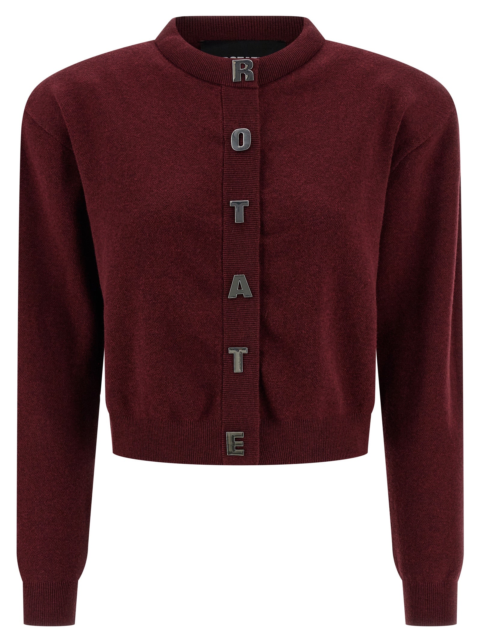 Cardigan by ROTATE BIRGER CHRISTENSEN for women in cashmere cotton blend bordeaux showcases a captivating silhouette, artfully detailed with a captivating long-sleeve and crew neckline for a truly sophisticated captivating look.