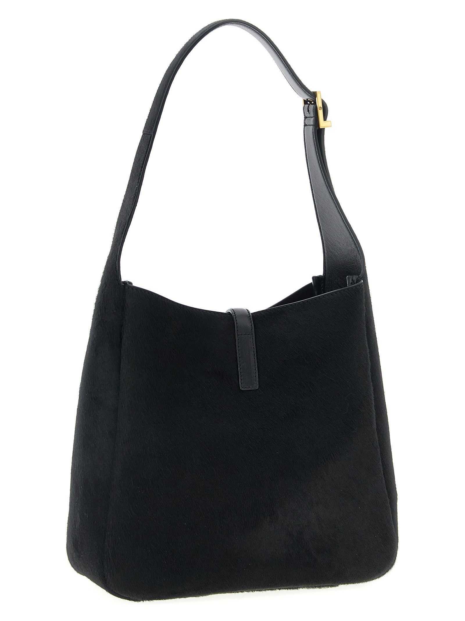 Small Shoulder Bag by Saint Laurent for women in suede calfskin leather black presents a versatile silhouette, showcasing a secure and versatile with versatile shoulder-strap, adjustable-strap & handle for a sophisticated look.
