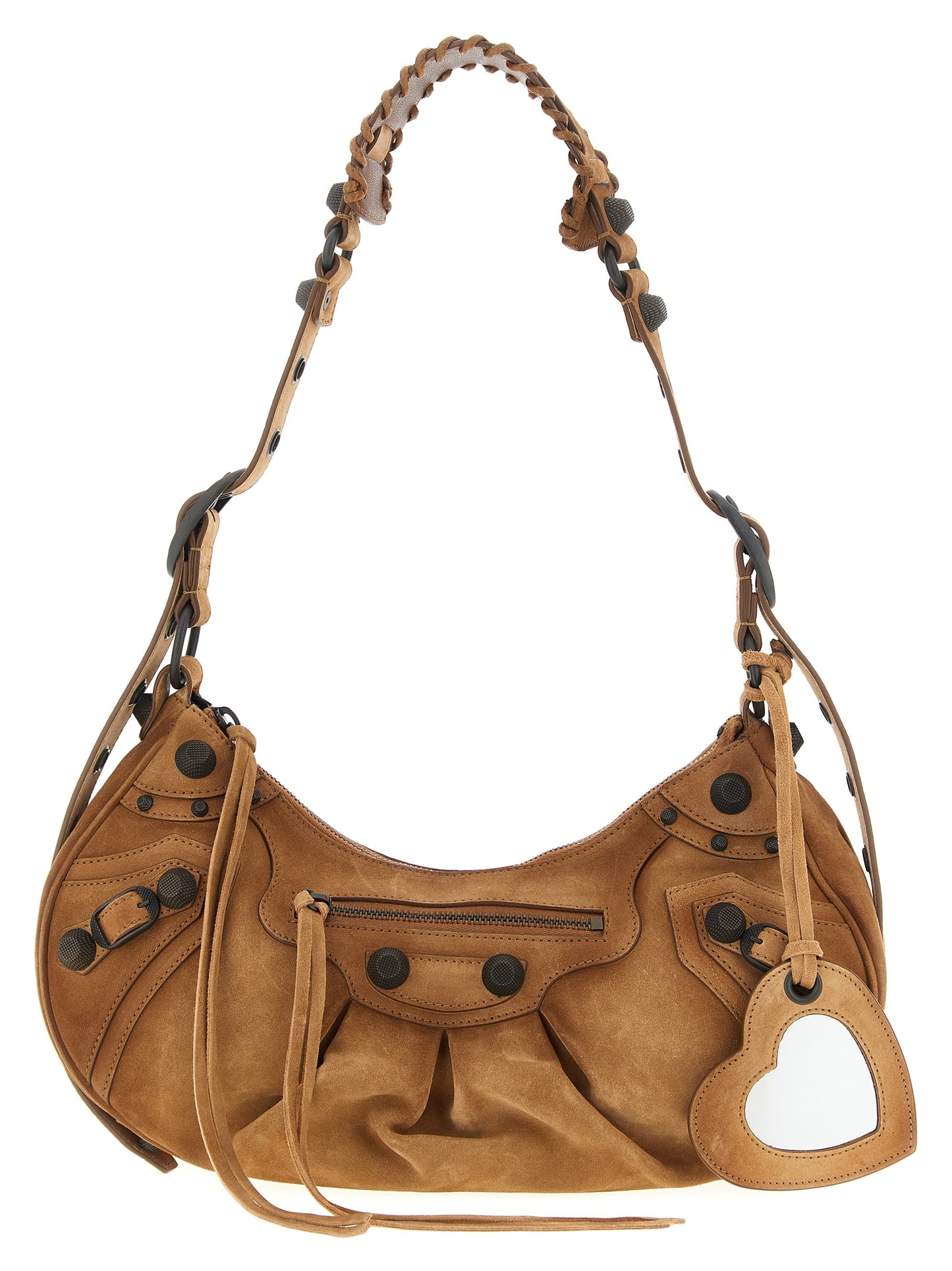 Shoulder Crescent Bag by Balenciaga for women in zamak brass canvas & suede calf leather brown features a effortless sophistication silhouette, secured by a zipper with ample and versatile shoulder-strap, adjustable-strap & handle for a effortless sophistication finish.