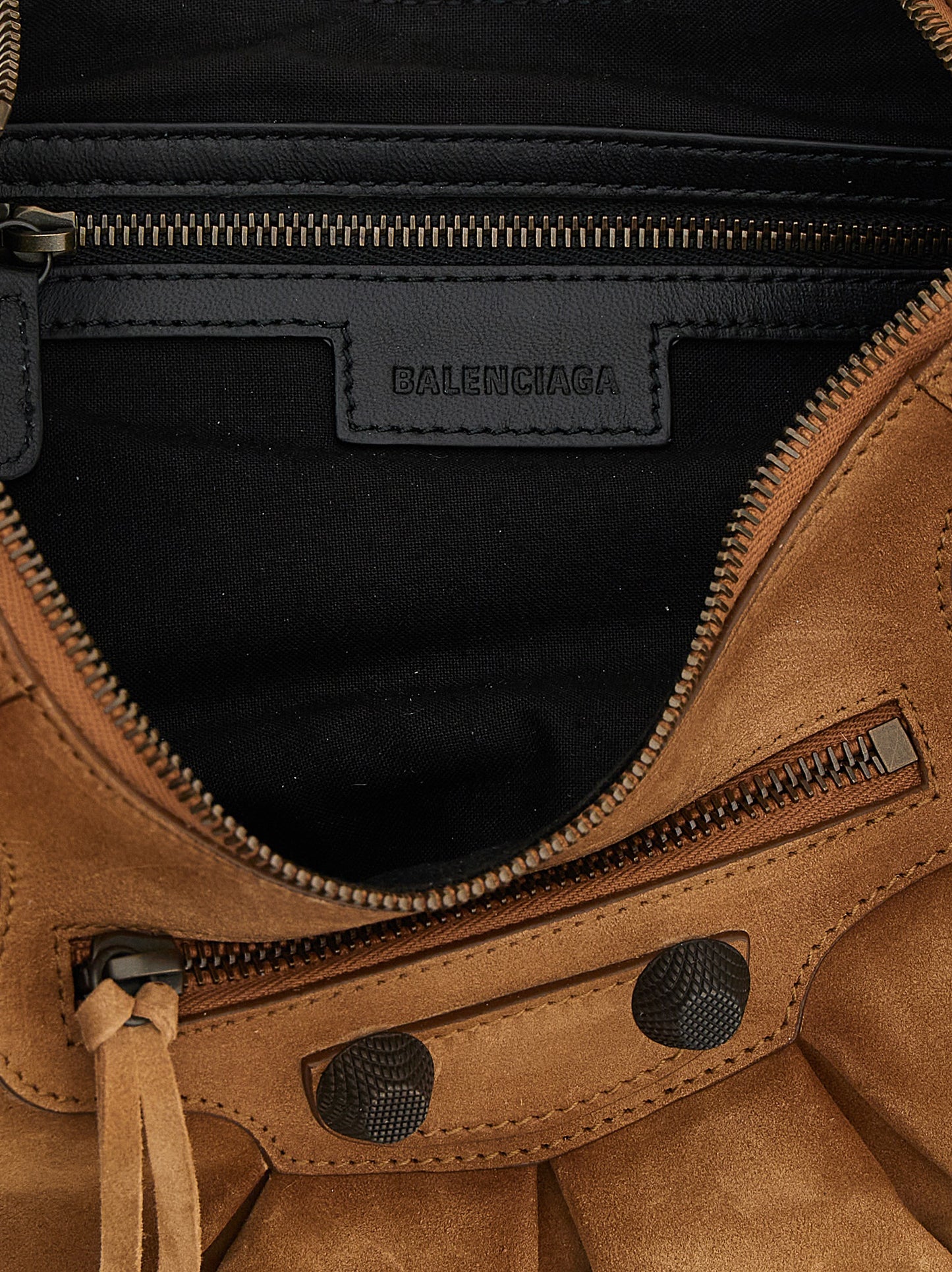 Shoulder Crescent Bag by Balenciaga for women in zamak brass canvas & suede calf leather brown features a effortless chic silhouette with a secure zipper, ample , and versatile shoulder-strap, adjustable-strap & handle for a effortless chic finish.