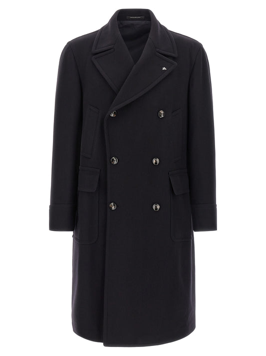 Overcoat by Tagliatore for men in cupro cashmere & leather blue, horn & monogram showcases a architectural silhouette, artfully detailed with a distinctive double-breasted neckline and functional for a architectural finish.