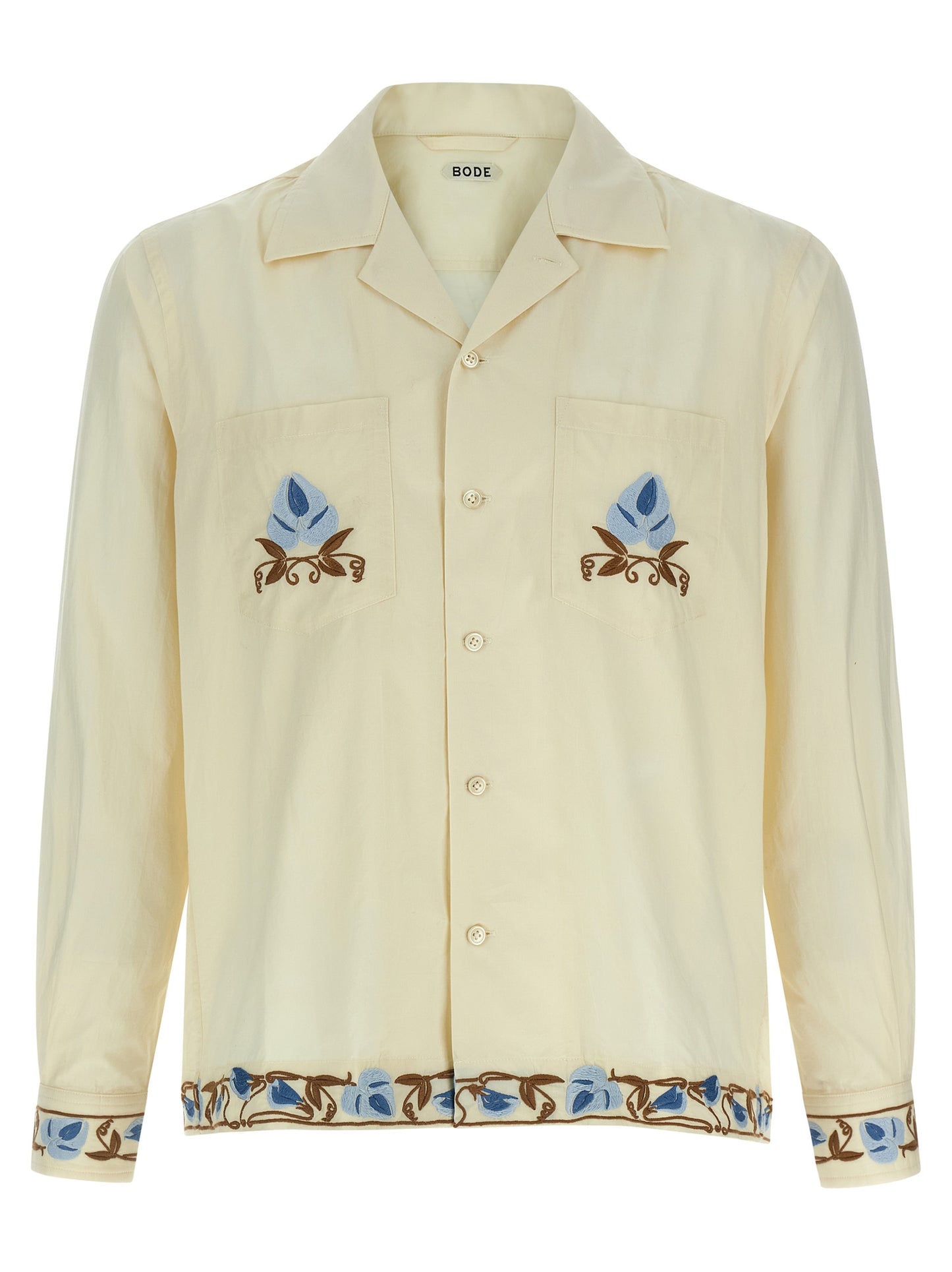 Shirt by BODE for men in cotton beige showcases a sharp silhouette, elegantly detailed with a sharp lapel neckline and sharp short-sleeve.