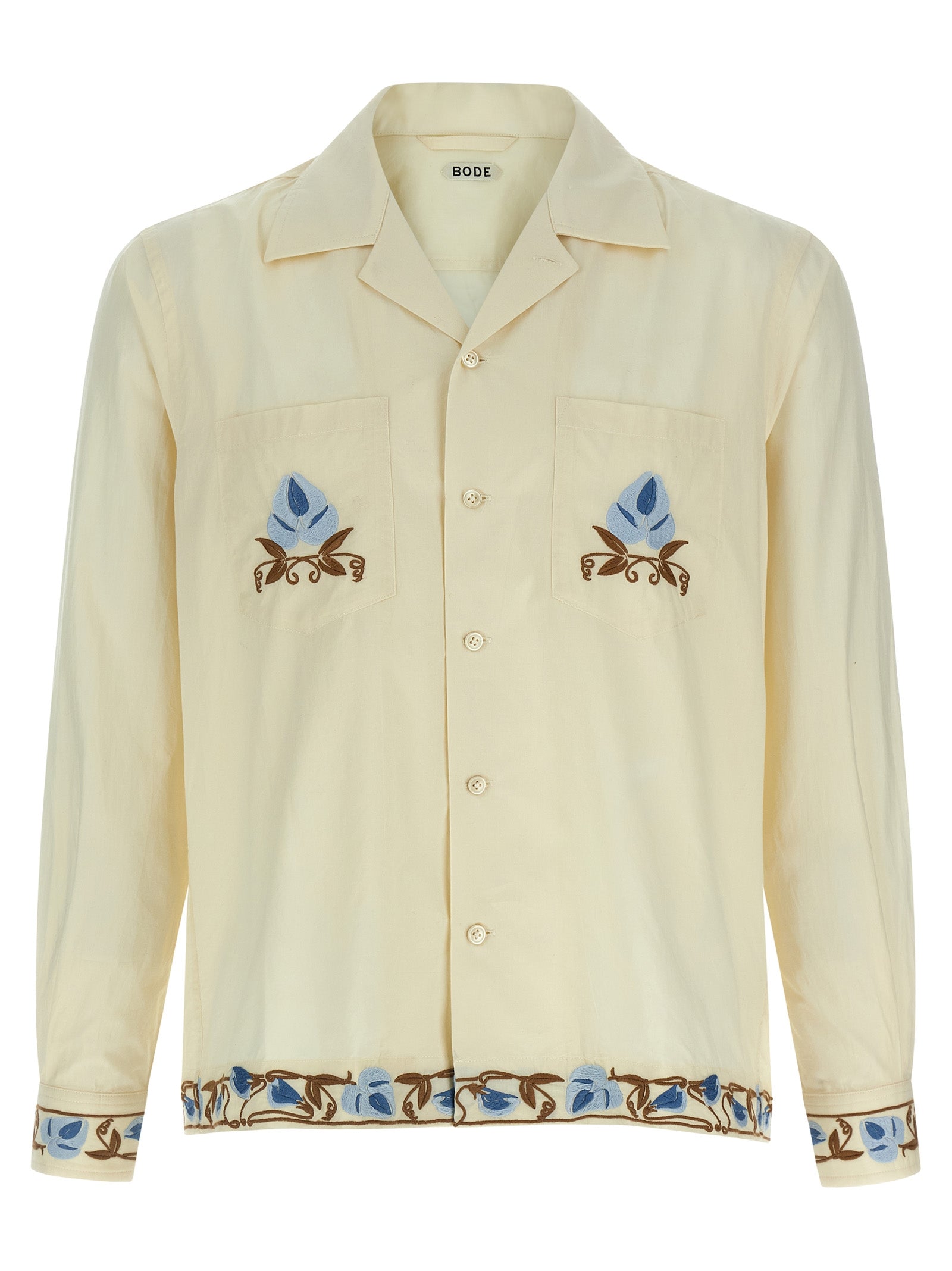 Shirt by BODE for men in cotton beige showcases a sharp silhouette, elegantly detailed with a sharp lapel neckline and sharp short-sleeve.