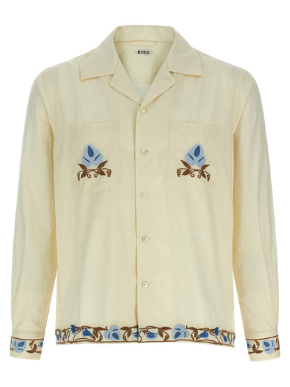 Shirt by BODE for men in cotton beige showcases a sharp silhouette, elegantly detailed with a sharp lapel neckline and sharp short-sleeve.