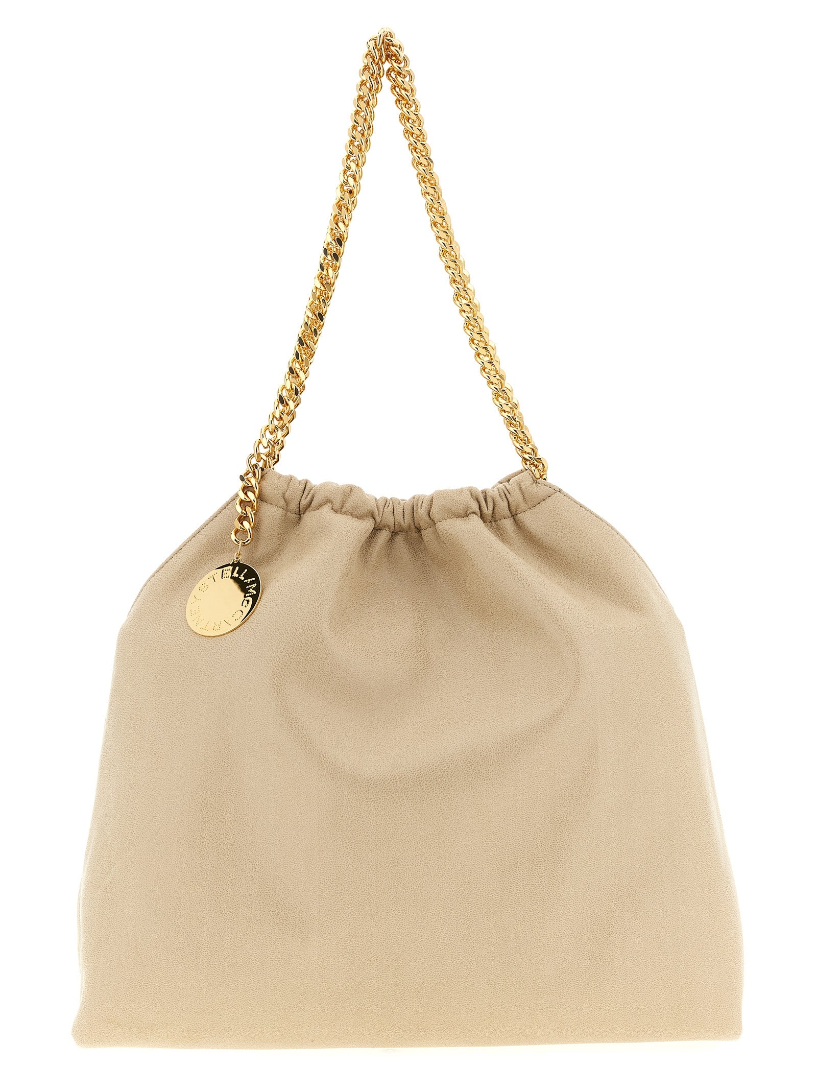 Shoulder Drawstring Bag by Stella McCartney for women in polyester beige, gold & signature features an effortlessly chic silhouette with a secure drawstring & magnetic, ample , and versatile shoulder-strap & handle for effortlessly chic everyday luxury.