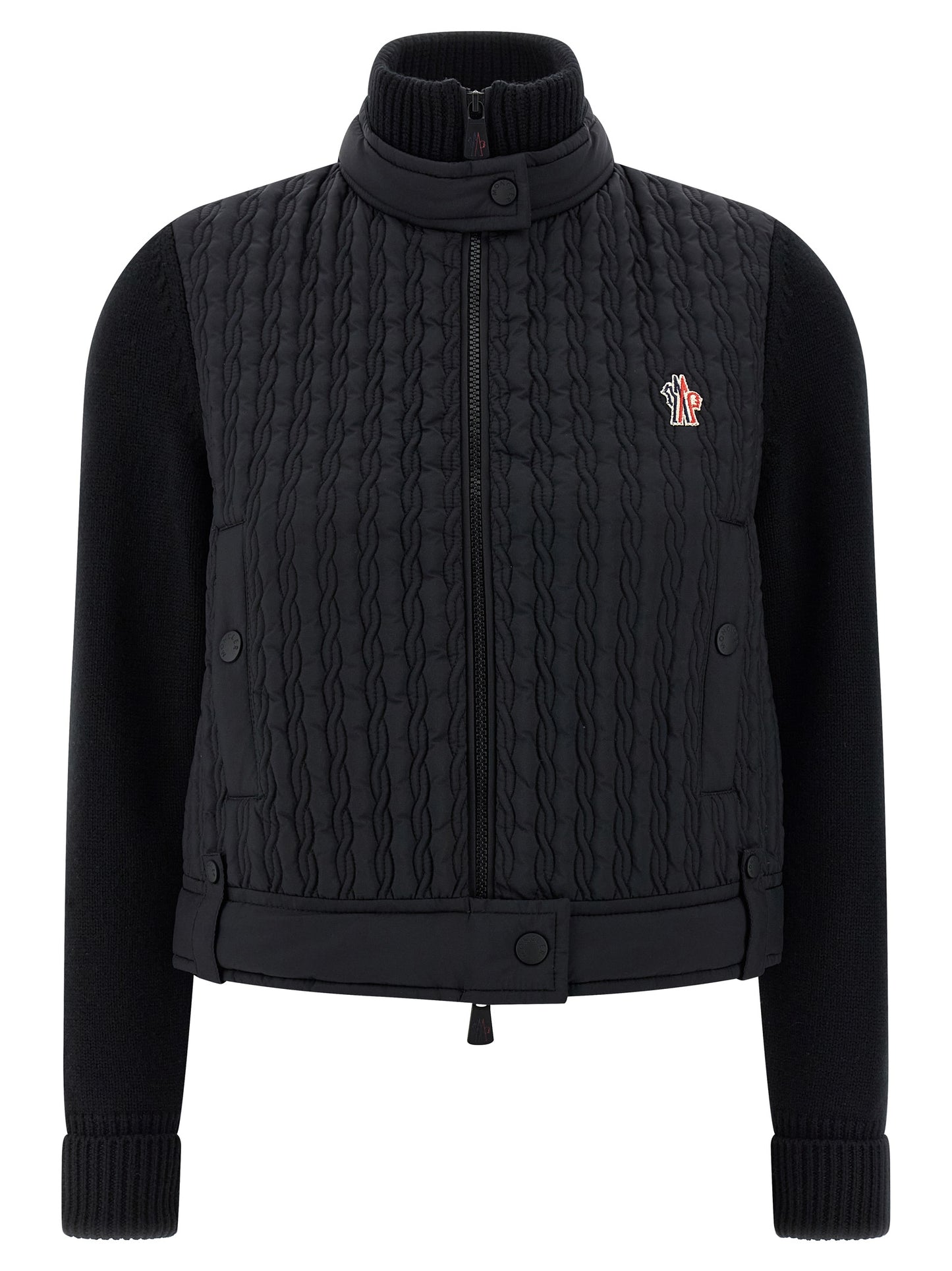 Cardigan by Moncler Grenoble for women in polyamide wool black features an crisp silhouette, showcasing a sophisticated high-neck neckline and detail for a truly crisp finish.