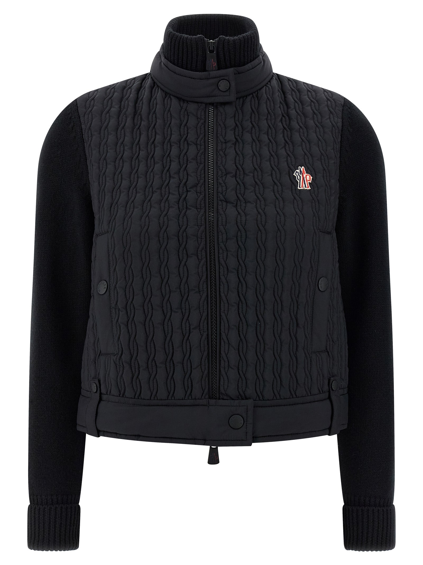 Cardigan by Moncler Grenoble for women in polyamide wool black features an crisp silhouette, showcasing a sophisticated high-neck neckline and detail for a truly crisp finish.