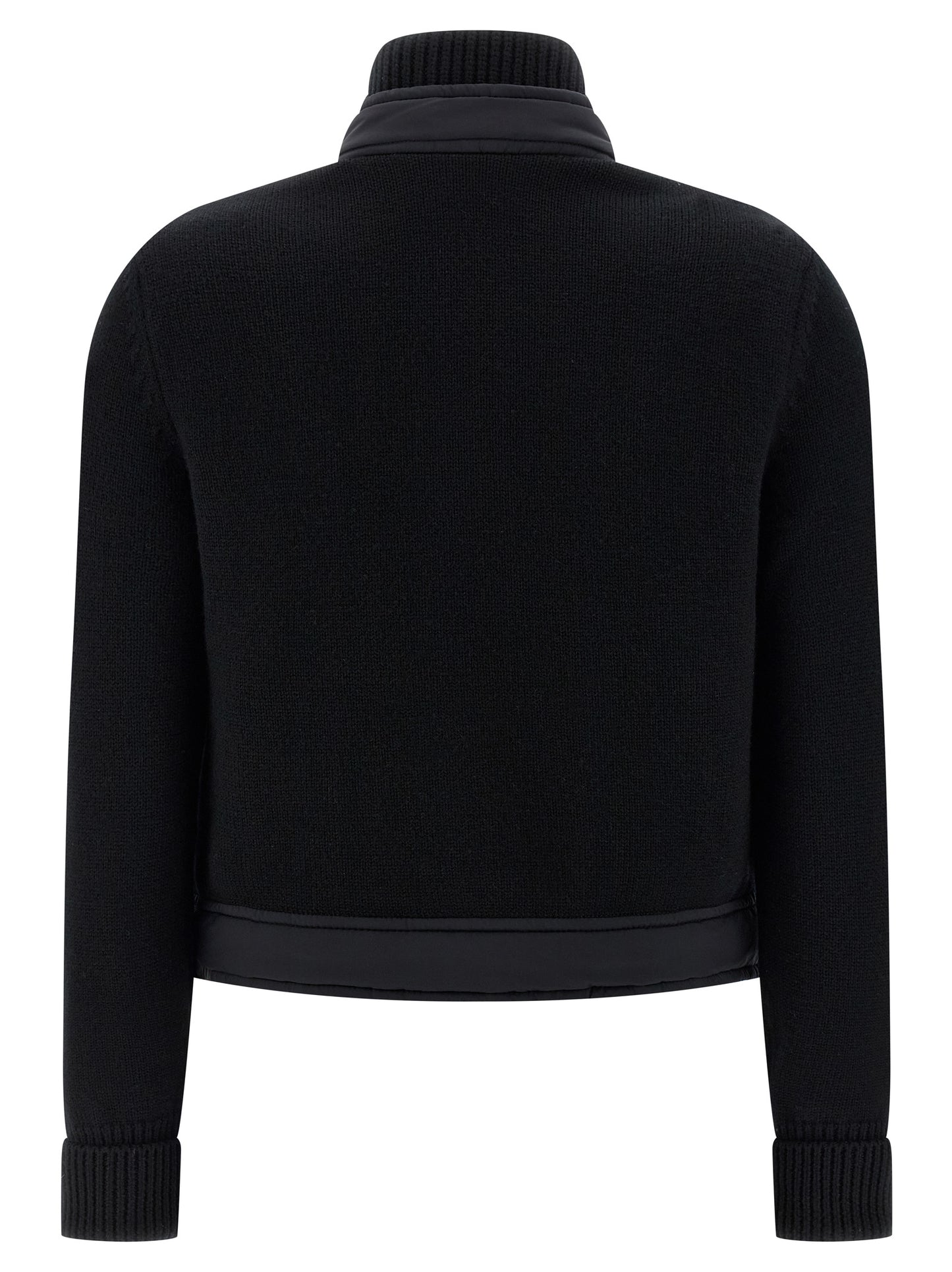 Cardigan by Moncler Grenoble for women in polyamide wool black features an impeccable silhouette, showcasing a sophisticated high-neck neckline and detail for a truly impeccable finish.