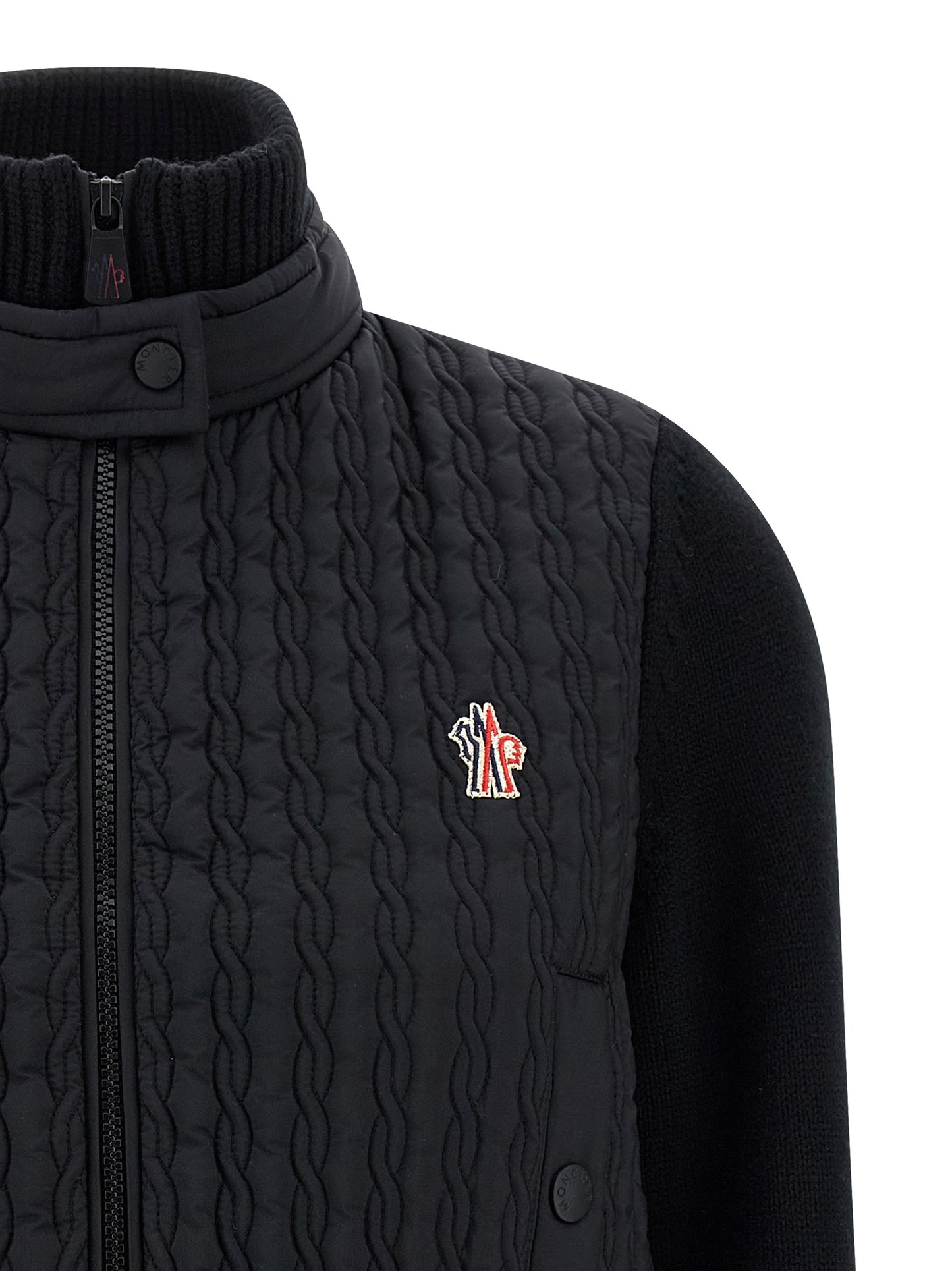 Cardigan by Moncler Grenoble for women in polyamide wool black features a dramatic silhouette, showcasing a sophisticated high-neck neckline and dramatic detail for a timeless, premium look.