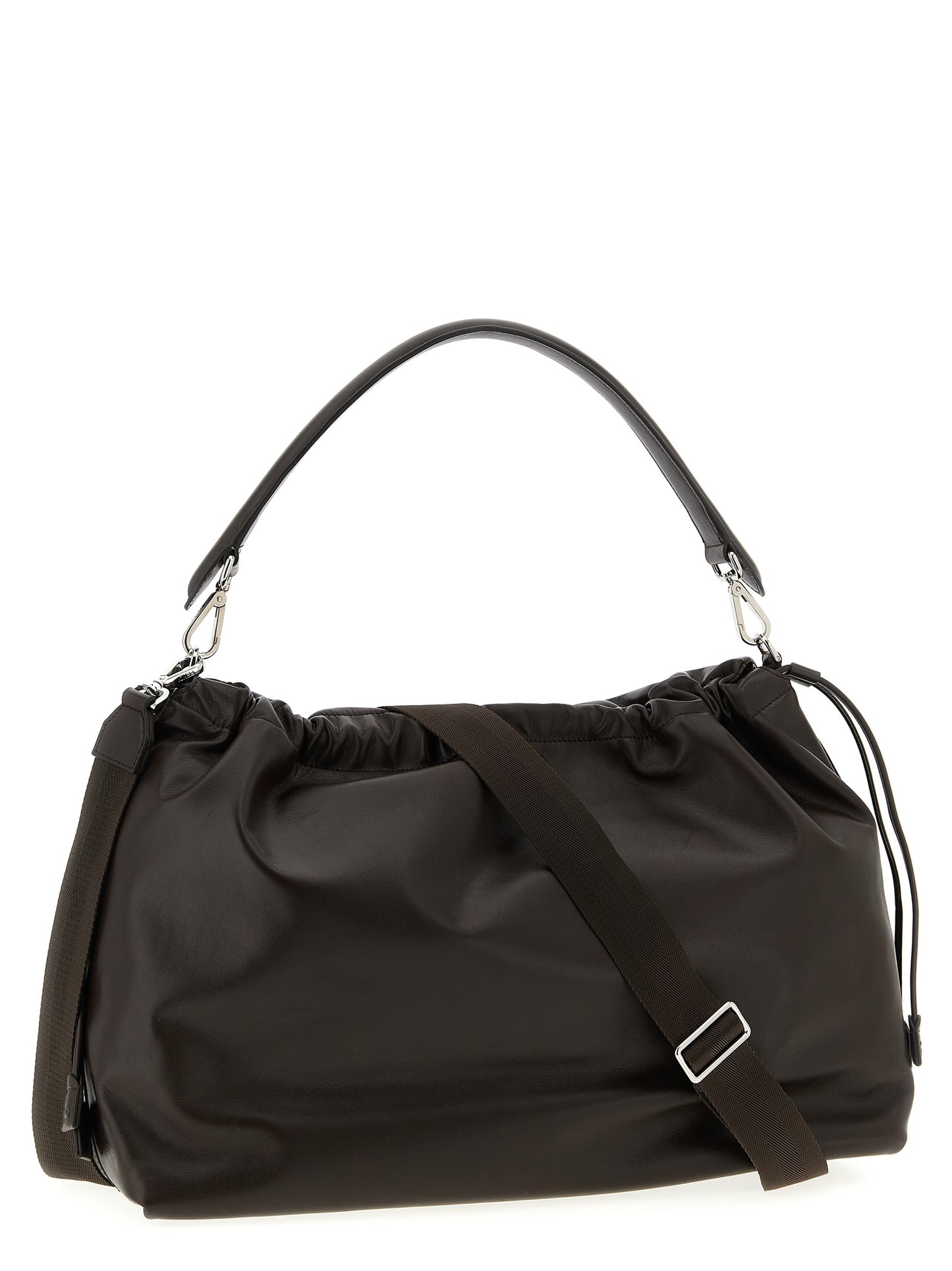 Messenger Handbag by Fendi for unisex in calfskin leather brown features a contemporary silhouette, showcasing a secure flap & drawstring, ample , and contemporary shoulder-strap, adjustable-strap, detachable-strap & handle for a sophisticated look.
