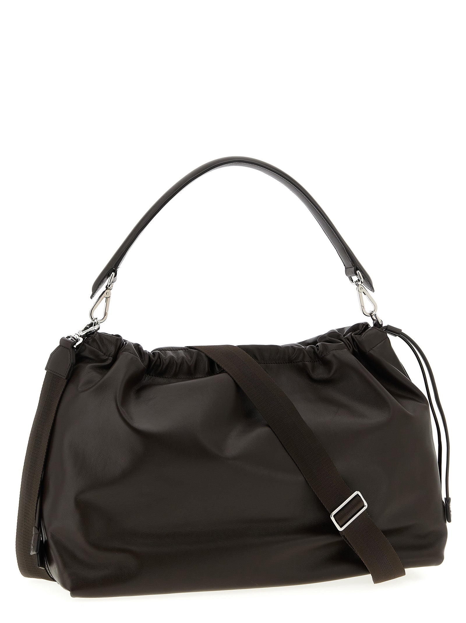 Messenger Handbag by Fendi for unisex in calfskin leather brown features a contemporary silhouette, showcasing a secure flap & drawstring, ample , and contemporary shoulder-strap, adjustable-strap, detachable-strap & handle for a sophisticated look.