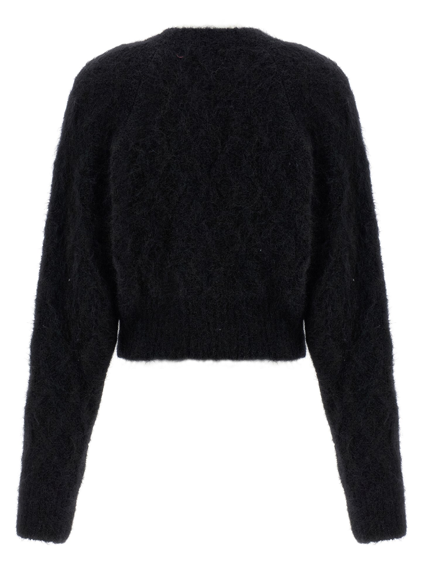 Cardigan by ROTATE BIRGER CHRISTENSEN for women in polyamide leather & alpaca wool black & patterned presents a textural silhouette, artfully finished with a textural v-neck neckline and for a sophisticated, textural look.