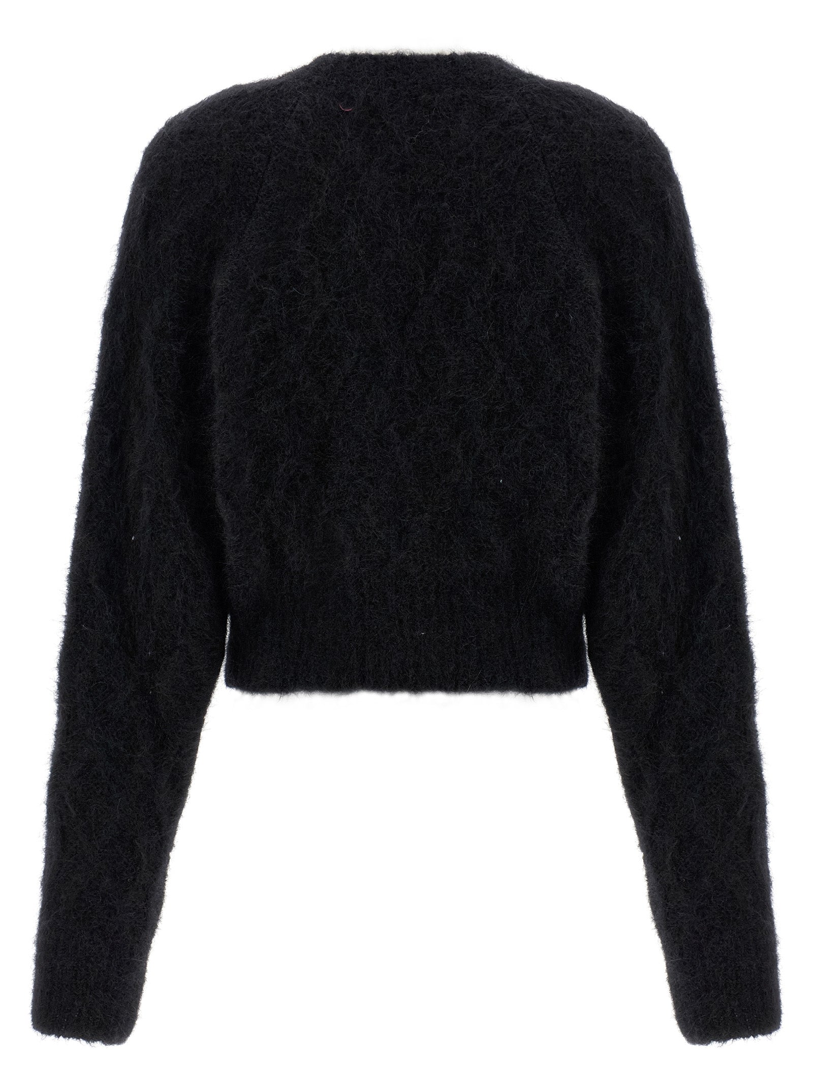 Cardigan by ROTATE BIRGER CHRISTENSEN for women in polyamide leather & alpaca wool black & patterned presents a textural silhouette, artfully finished with a textural v-neck neckline and for a sophisticated, textural look.