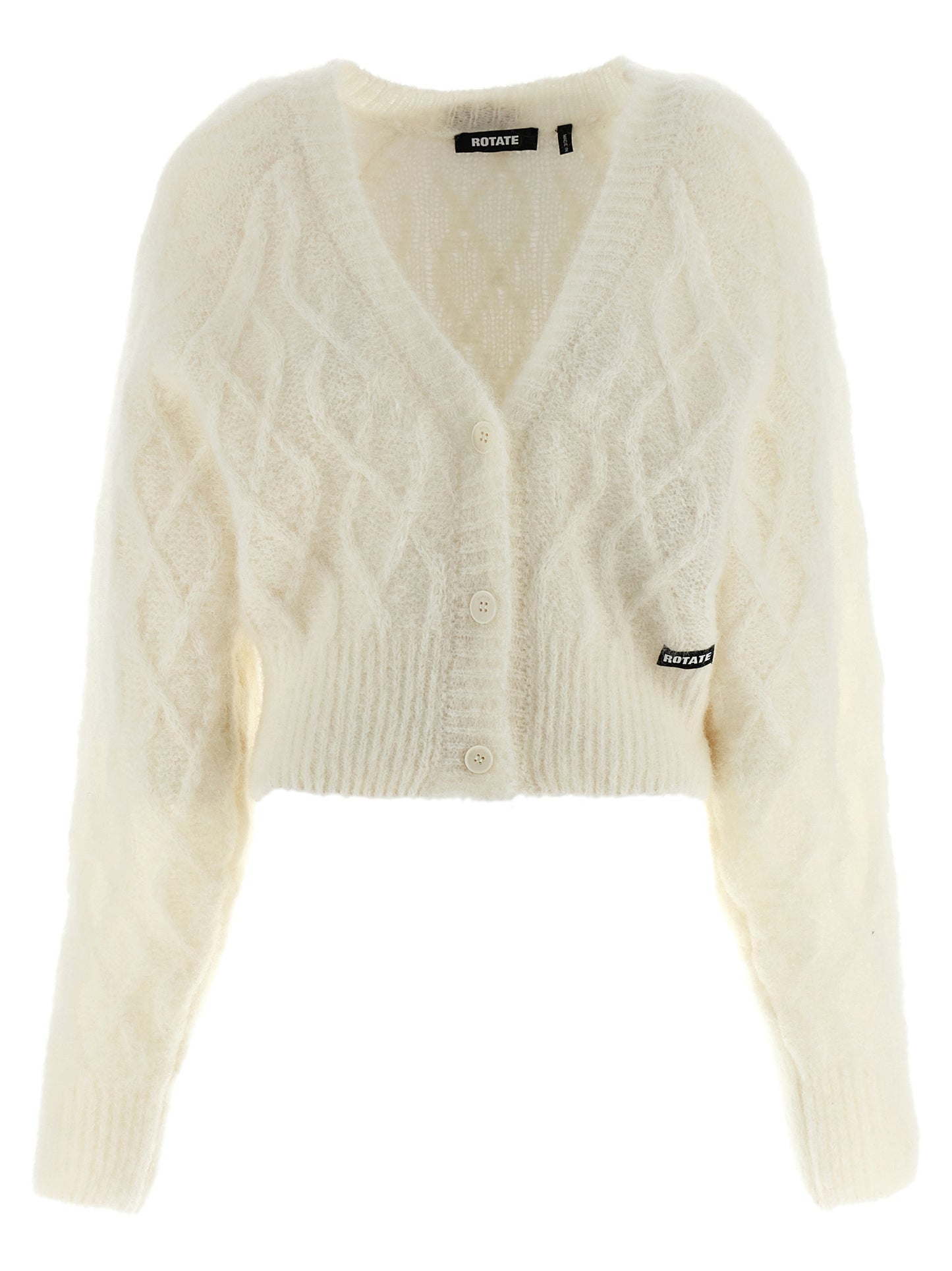 Cardigan by ROTATE BIRGER CHRISTENSEN for women in polyamide mohair & alpaca wool white & patterned showcases a captivating silhouette, artfully detailed with a captivating and v-neck neckline for a truly sophisticated captivating look.