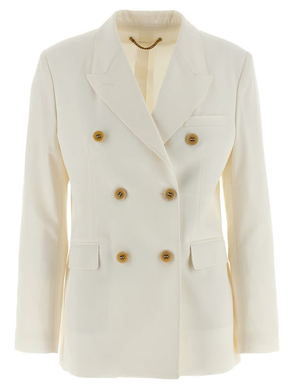Blazer by Golden Goose for women in polyester viscose virgin wool white & monogram presents a distinguished silhouette, detailed with a distinguished and distinctive for a truly sophisticated finish.