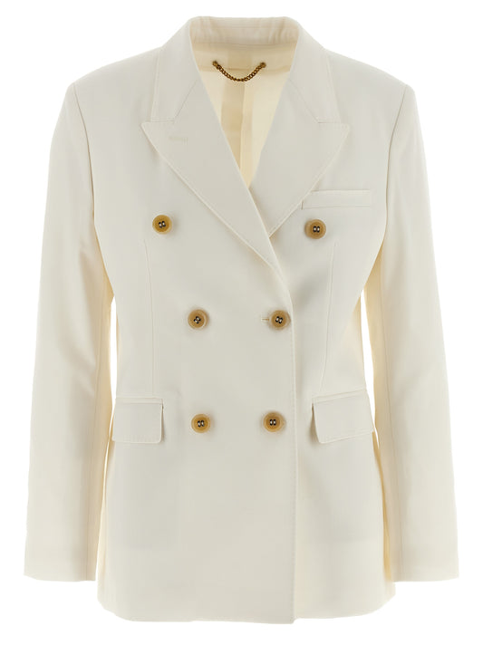 Blazer by Golden Goose for women in polyester viscose virgin wool white & monogram presents a distinguished silhouette, detailed with a distinguished and distinctive for a truly sophisticated finish.