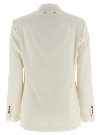 Blazer by Golden Goose for women in polyester viscose virgin wool white & monogram showcases a polished silhouette, highlighted by a refined and polished for a sophisticated finish.
