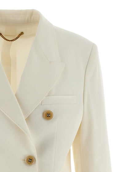 This Blazer by Golden Goose for women in polyester viscose virgin wool white & monogram presents a tailored silhouette, meticulously tailored with a tailored and distinctive for a tailored finish.