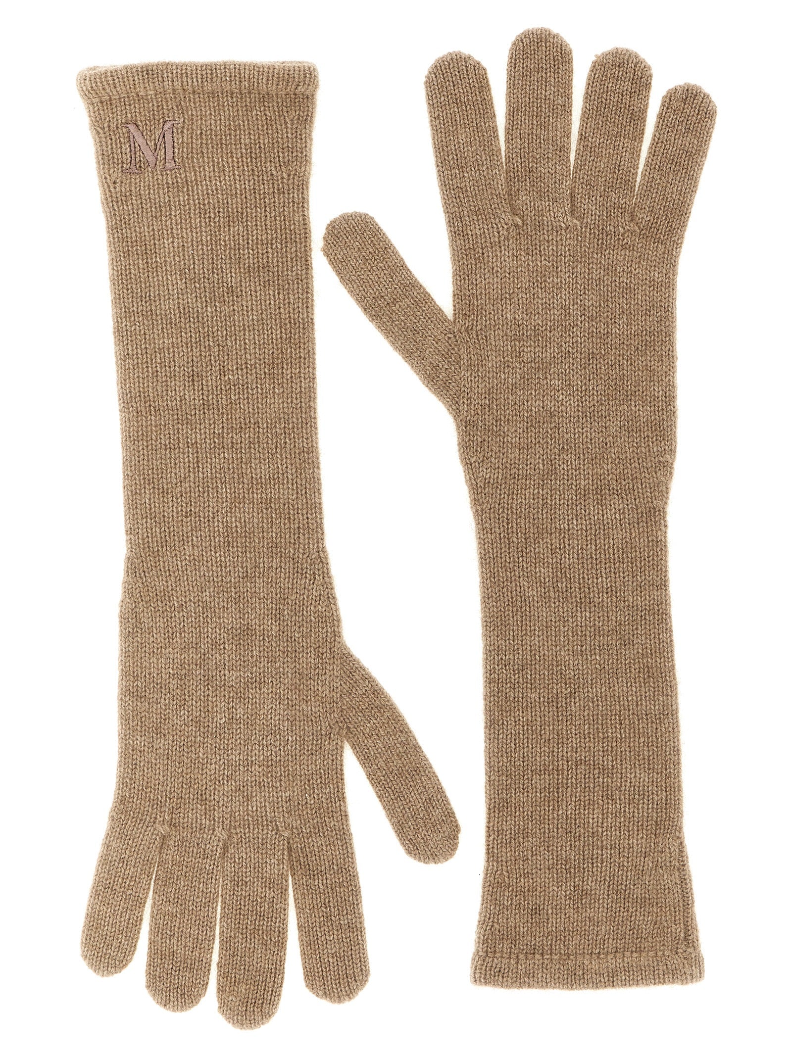 Gloves by Max Mara for women in cashmere beige & monogram presents a refined silhouette, showcasing the refined gloves design with functional for a premium look.