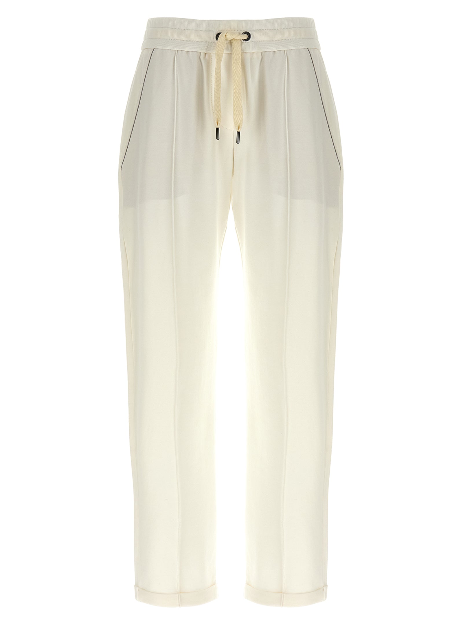 Joggers by Brunello Cucinelli for women in stretch cotton white & signature presents a tailored silhouette, showcasing a tailored relaxed-fit and long cut with a refined for a truly tailored aesthetic.
