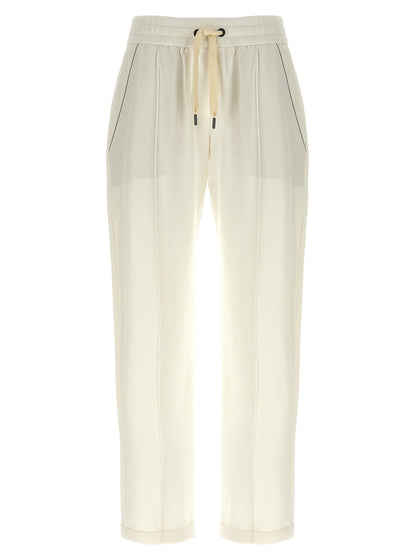 Joggers by Brunello Cucinelli for women in stretch cotton white & signature presents a tailored silhouette, showcasing a tailored relaxed-fit and long cut with a refined for a truly tailored aesthetic.