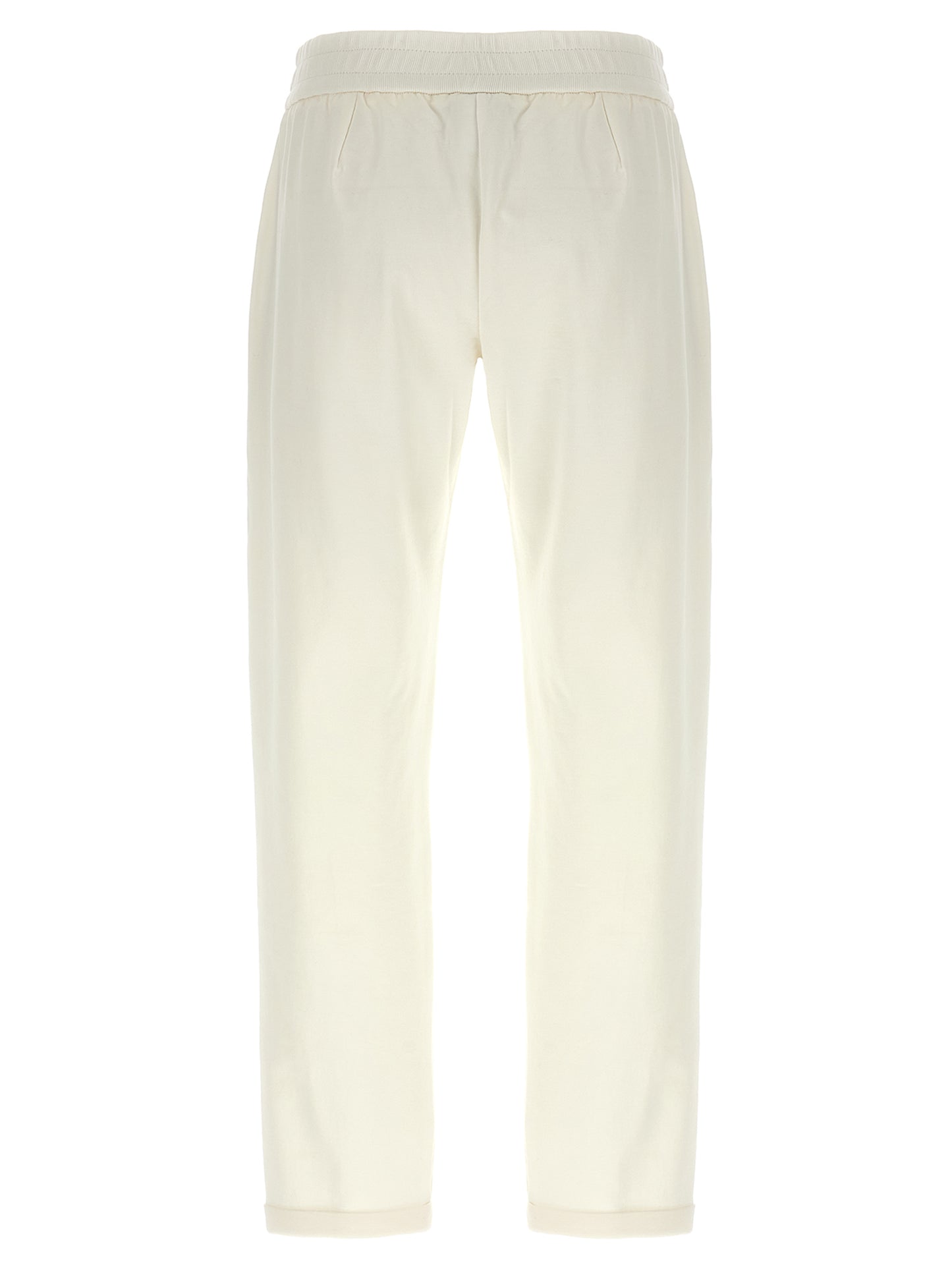 Joggers by Brunello Cucinelli for women in stretch cotton white & signature features an sophisticated and relaxed-fit with a precise long, creating a sophisticated and sophisticated silhouette.