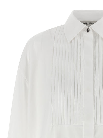 Blouse by Golden Goose for women in cotton pearl & white showcases a sleek silhouette, elegantly detailed with a sleek asymmetric neckline and for a sleek finish.