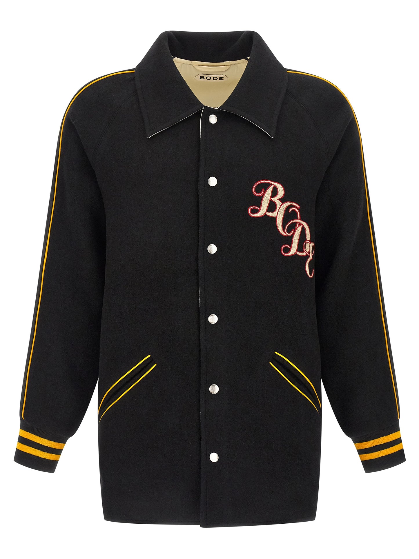 Jacket by BODE for men in satin wool multicolor & monogram presents a impeccable silhouette, showcasing distinct pockets and a impeccable shirt-collar neckline for a sophisticated finish.
