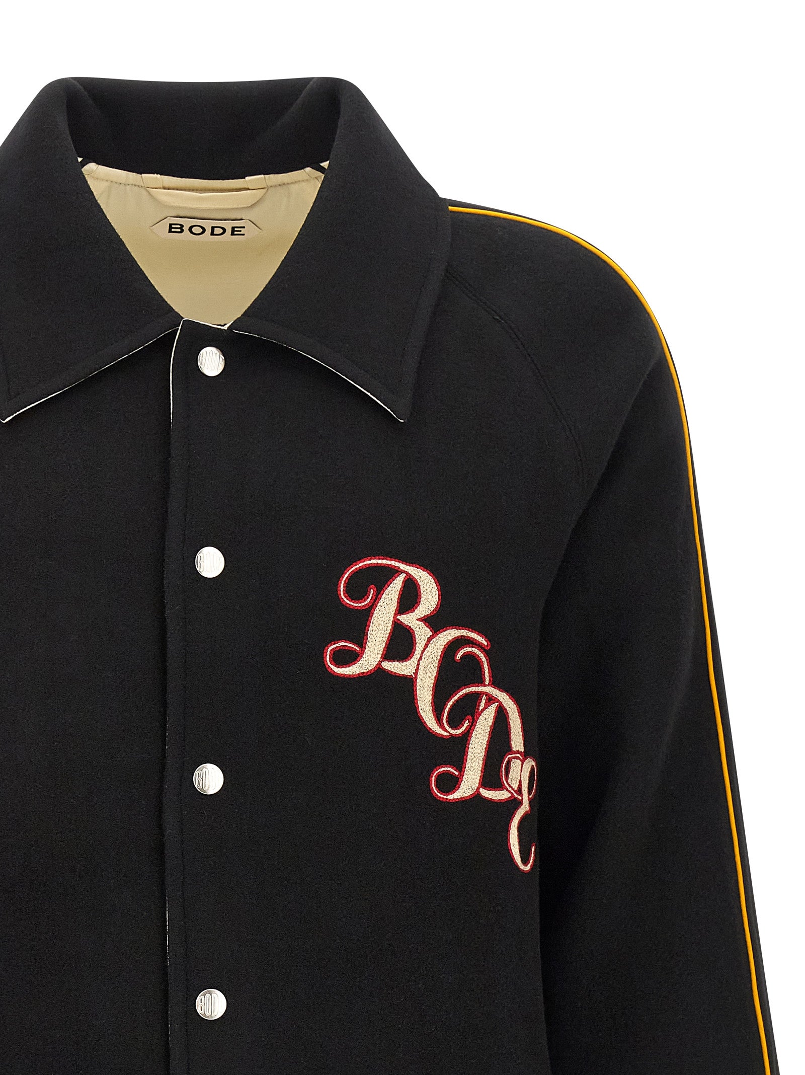 Jacket by BODE for men in satin wool multicolor & monogram showcases a contemporary silhouette, detailed with a contemporary shirt-collar neckline and premium pockets for a sophisticated finish.