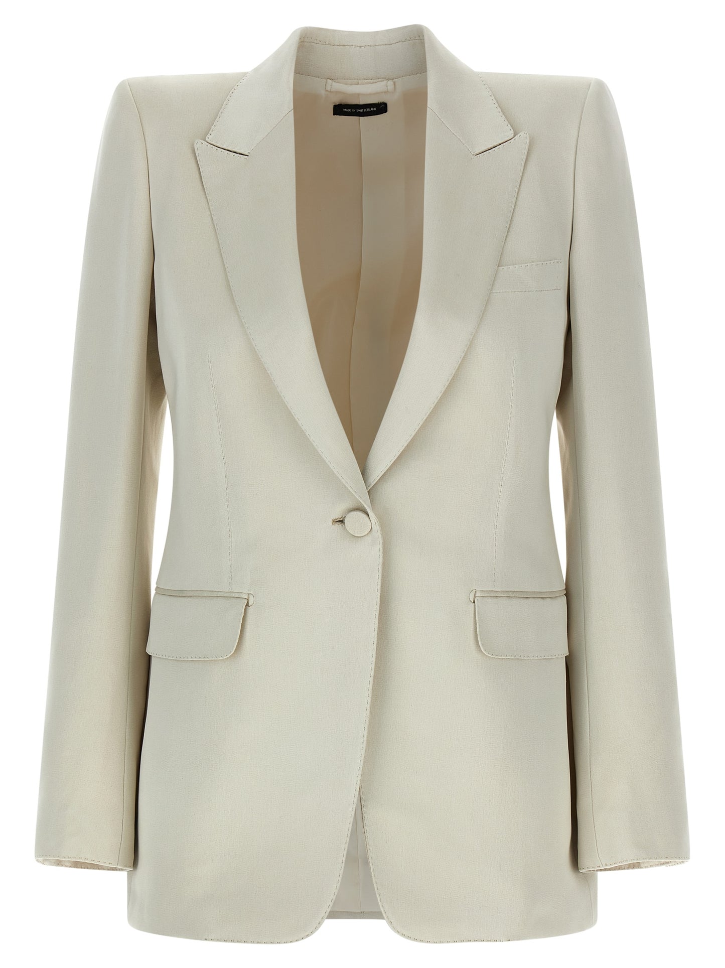Blazer by Tom Ford for women in silk cotton & cupro beige showcases a polished silhouette, highlighted by a refined split neckline and polished for a sophisticated finish.