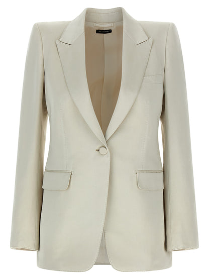 Blazer by Tom Ford for women in silk cotton & cupro beige showcases a polished silhouette, highlighted by a refined split neckline and polished for a sophisticated finish.