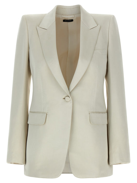 Blazer by Tom Ford for women in silk cotton & cupro beige showcases a polished silhouette, highlighted by a refined split neckline and polished for a sophisticated finish.